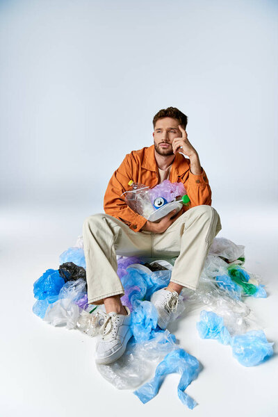 A young man sits amidst a pile of plastic bags and debris.
