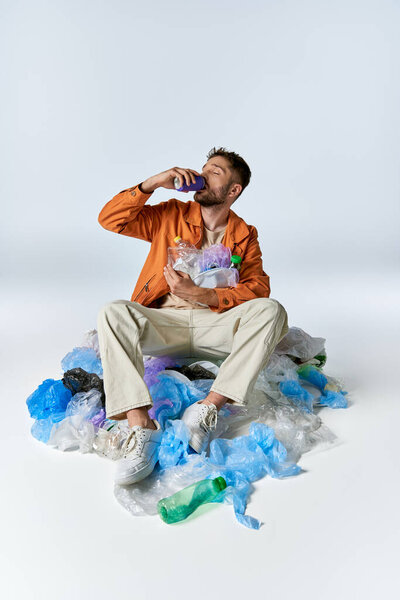A man sits surrounded by a sea of plastic waste, drinking from a can.