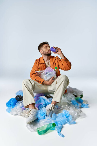 A man sits amidst a sea of plastic bags and bottles, lost in thought.