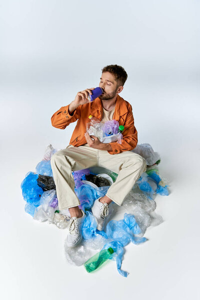 A man sits amidst a mountain of plastic waste, drinking from a purple container.