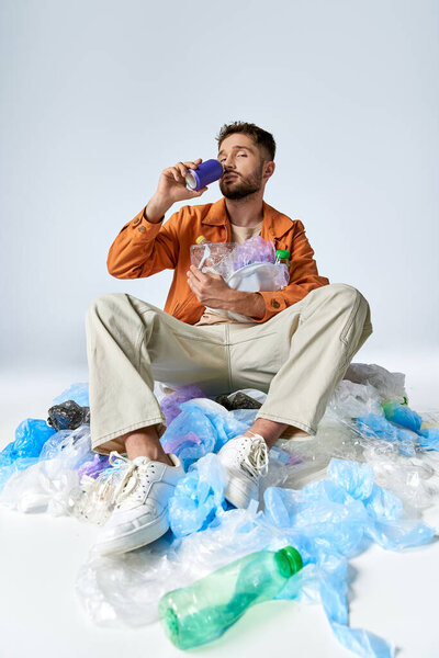 A man sits surrounded by plastic, drinking from a can.