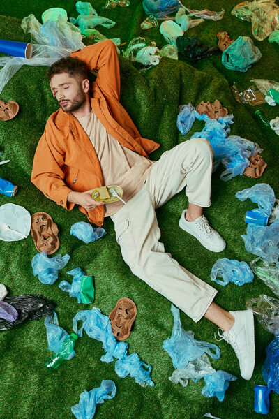 Молодой человек лежит на искусственной траве, окруженный выброшенными пластиковыми пакетами и другими отходами.