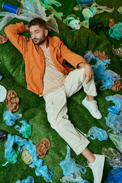 Человек лежит на зеленом участке, окруженный пластиковыми отходами.