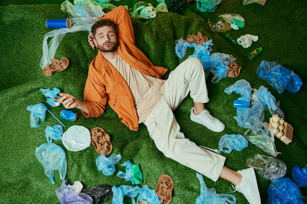 A man lies surrounded by plastic waste on a green surface.