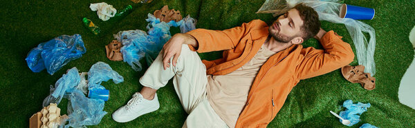 A man lies on green grass surrounded by plastic.