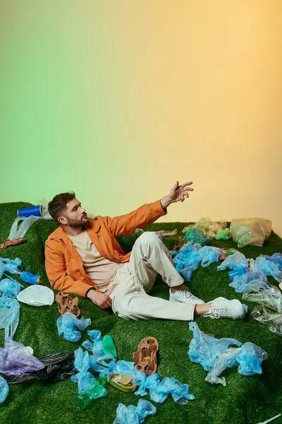 Yeşil bir tarlada plastik atıkla çevrili yatan bir adam, elini uzatıyordu..