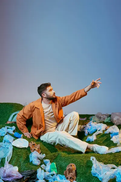 stock image A man sits amidst a field of plastic waste, reaching out his hand in a gesture of longing.