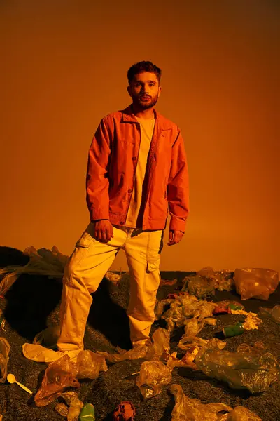 stock image A man in a red jacket stands on a pile of plastic waste.