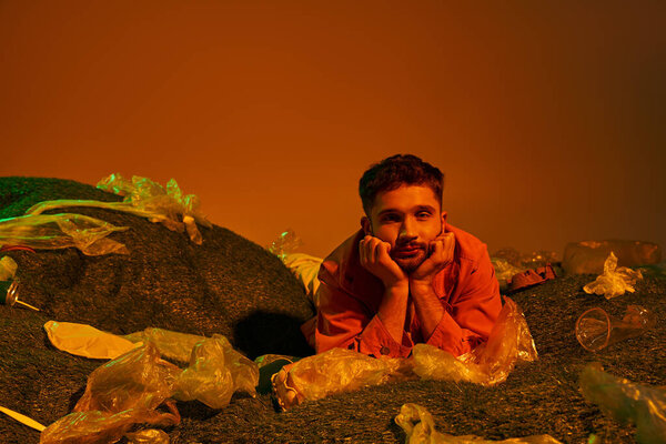 A man rests his head on his hands, surrounded by a vast field of plastic waste.