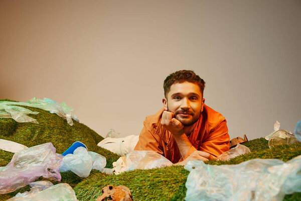 A man reclines on artificial grass, surrounded by plastic bags and debris.