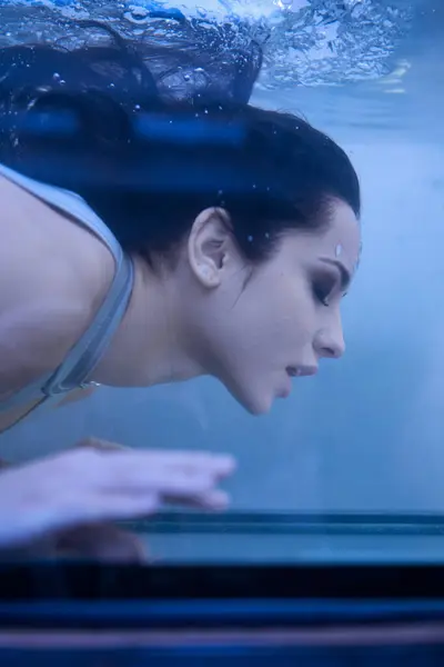 stock image A young woman with long brunette hair swims underwater, looking up towards the surface.