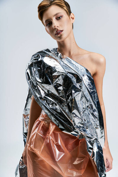 Женщина позирует в студии, одетая в блестящую серебряную ткань и прозрачную пластиковую юбку.