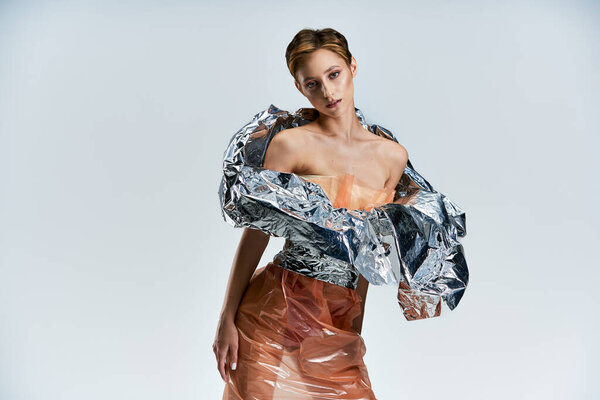 Модель позирует в поразительном наряде полностью из переработанных материалов.
