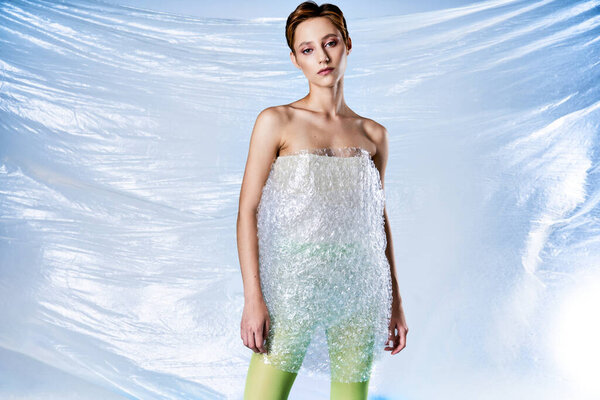 A woman models a dress made from bubble wrap, a sustainable fashion choice.