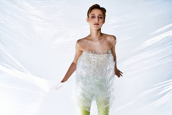 A woman stands gracefully, adorned in a shimmering dress made of recycled plastic.