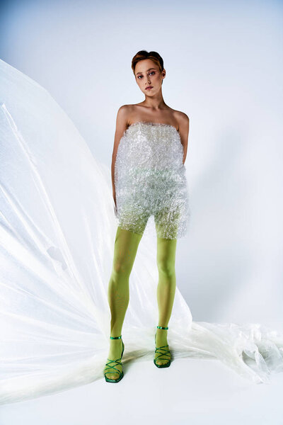 Woman in bubble wrap dress on white background with fabric drape