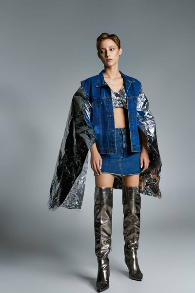 Женщина стоит в студии в джинсовой куртке и юбке с акцентом на серебряный плащ.