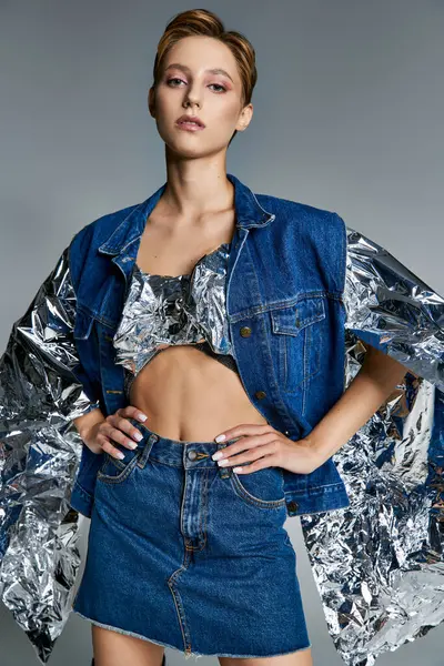 stock image A woman in denim poses confidently, showcasing sustainable fashion with a silver foil twist.