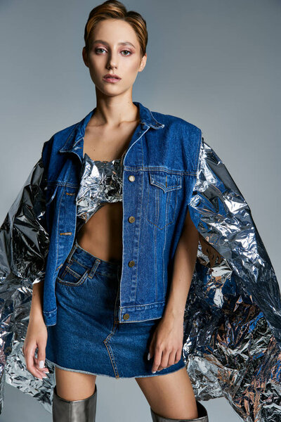 Женщина в джинсе стоит против серой стены, руки завернуты в серебряную фольгу для стильного вида