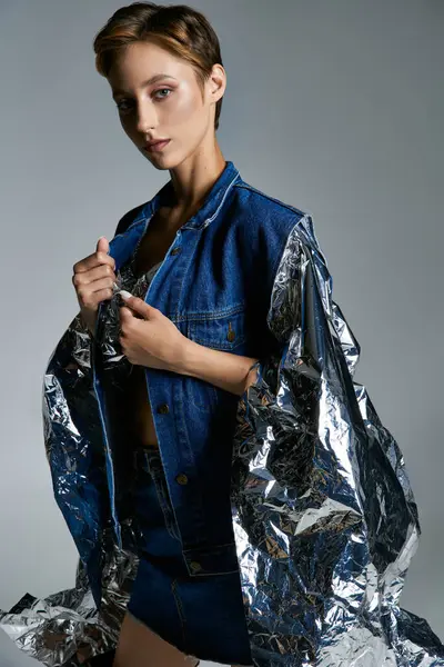 stock image Young woman showcases sustainable fashion in silver foil denim jacket