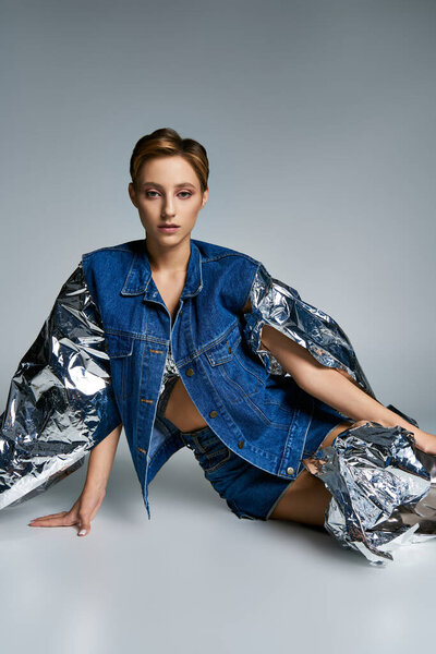 Женщина в джинсовой куртке и шортах позирует с акцентами из серебряной фольги.