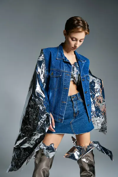 Sürdürülebilir bir moda çekimi için kot ve gümüş aksanlı modellik yapan bir kadın..
