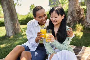 Siyah ve Asyalı lezbiyen bir çift güneşli bir parkta piknik yaparken portakal suyuyla tezahürat yapıyor..