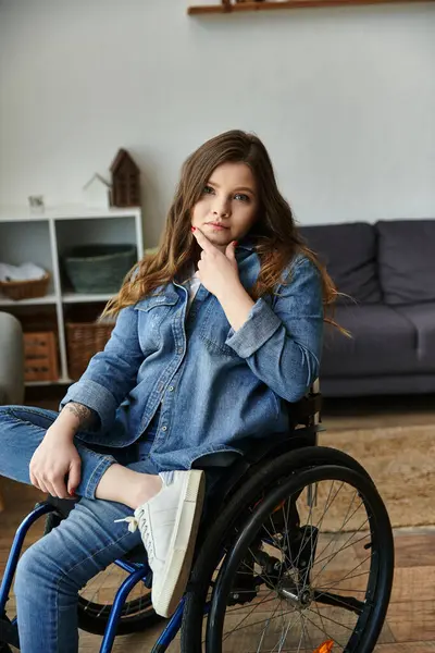 stock image A young woman in a wheelchair sits thoughtfully in her contemporary apartment.