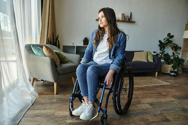 A young woman in a wheelchair sits in her modern apartment, gazing out the window.
