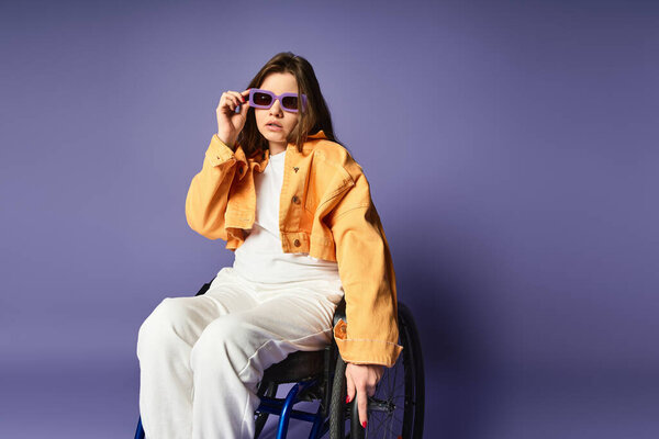 Молодая женщина в инвалидной коляске с длинными темными волосами, желтая джинсовая куртка, белые брюки регулирует солнцезащитные очки перед фиолетовым фоном