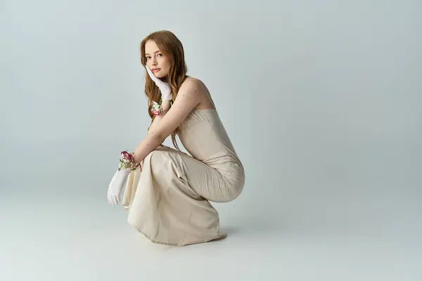 stock image A young woman crouches elegantly, adorned with floral accents and a gentle expression.