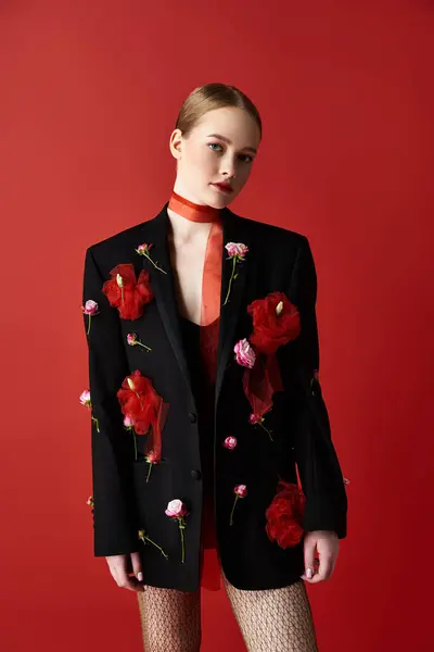 stock image A beautiful woman adorned with flowers stands confidently in a bold setting.