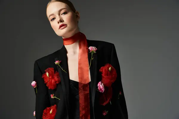 stock image A young woman showcases floral elegance in a striking outfit.