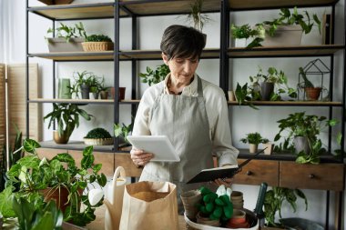 A woman nurtures her plants in a bright, inviting studio filled with greenery. clipart