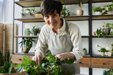 A gardener tending to her beloved plants with joy in a cozy studio. clipart