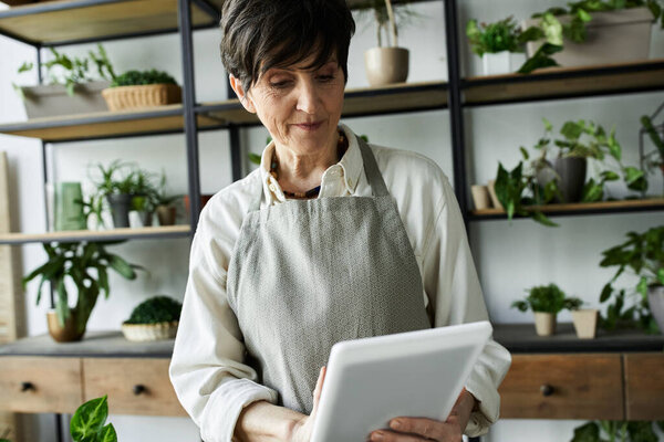 A gardener observes her plants with care while holding a tablet.
