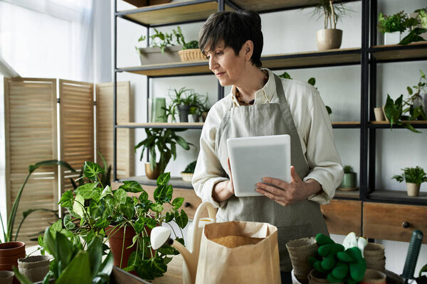 A woman tends to her beloved plants while enjoying her creative space.
