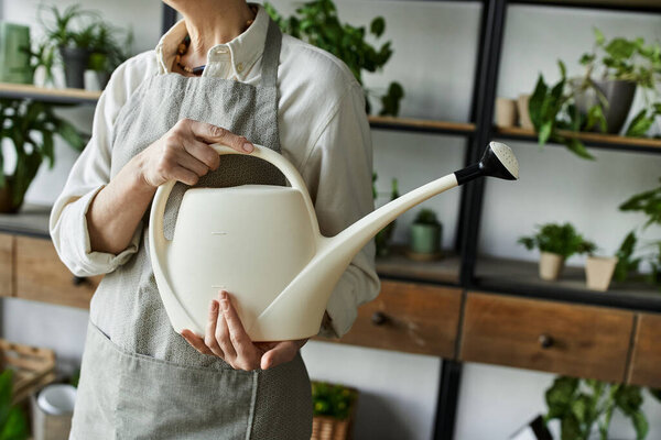 A dedicated gardener lovingly tends to her plants in a serene workspace.