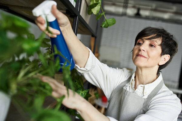A gardener lovingly cares for her vibrant plants in a sunlit studio.