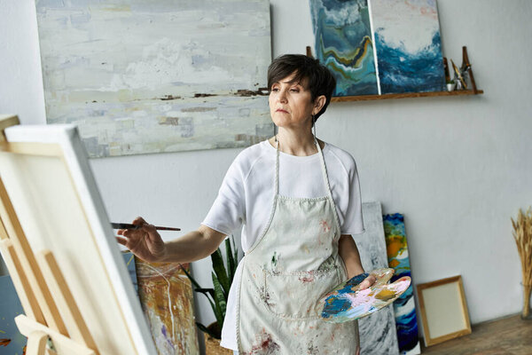 Художник погружается в художественное выражение в своей яркой студии.