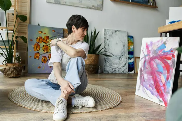 stock image A woman deeply engaged in her painting process in a bright, inviting studio.