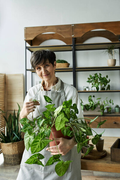 Женщина с любовью ухаживает за своими растениями в уютной, светлой студии.