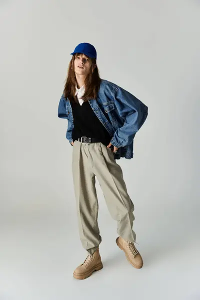 stock image A fashionable young man showcases trendy attire in a contemporary studio, exuding confidence.