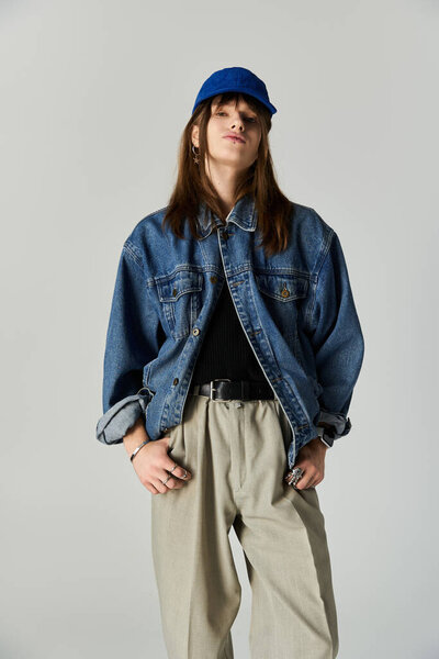 Уверенный молодой человек стоит в модном наряде на чистом фоне, излучающем стиль.