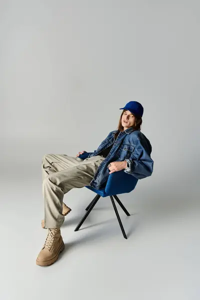 stock image The stylish young man lounges in a chic chair, showing off his trendy outfit.