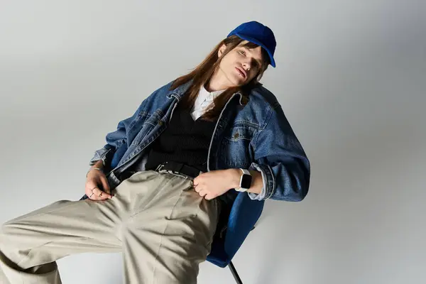 stock image A fashion forward young man poses confidently in a modern studio, expressing his unique style.