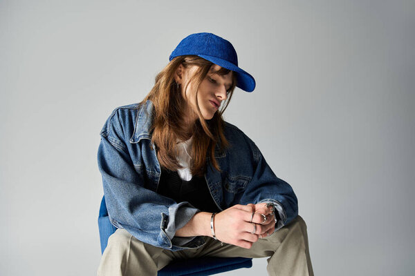 Молодой человек в модной одежде позирует, размышляя в современной обстановке.