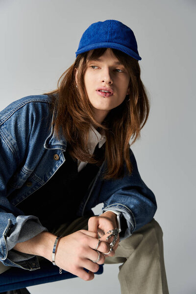 Молодой человек в модном наряде излучает уверенность, позируя в шикарном помещении.