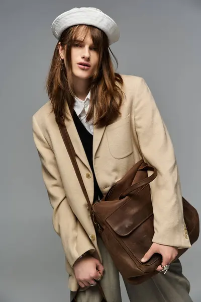 stock image A fashionable young man stands with a chic bag, showcasing his stylish outfit and attitude.