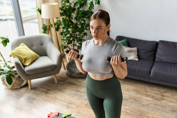 A dedicated young woman exercises with determination, lifting weights in a stylish home setting.